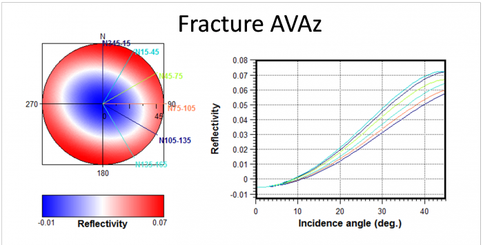 Fracture AVAz sensitivity study: on the left, a map of reflectivity (or anisotropic velocities) with the different fracture groups, and on the right, a set of computed AVA curves (Amplitude Versus Angle).